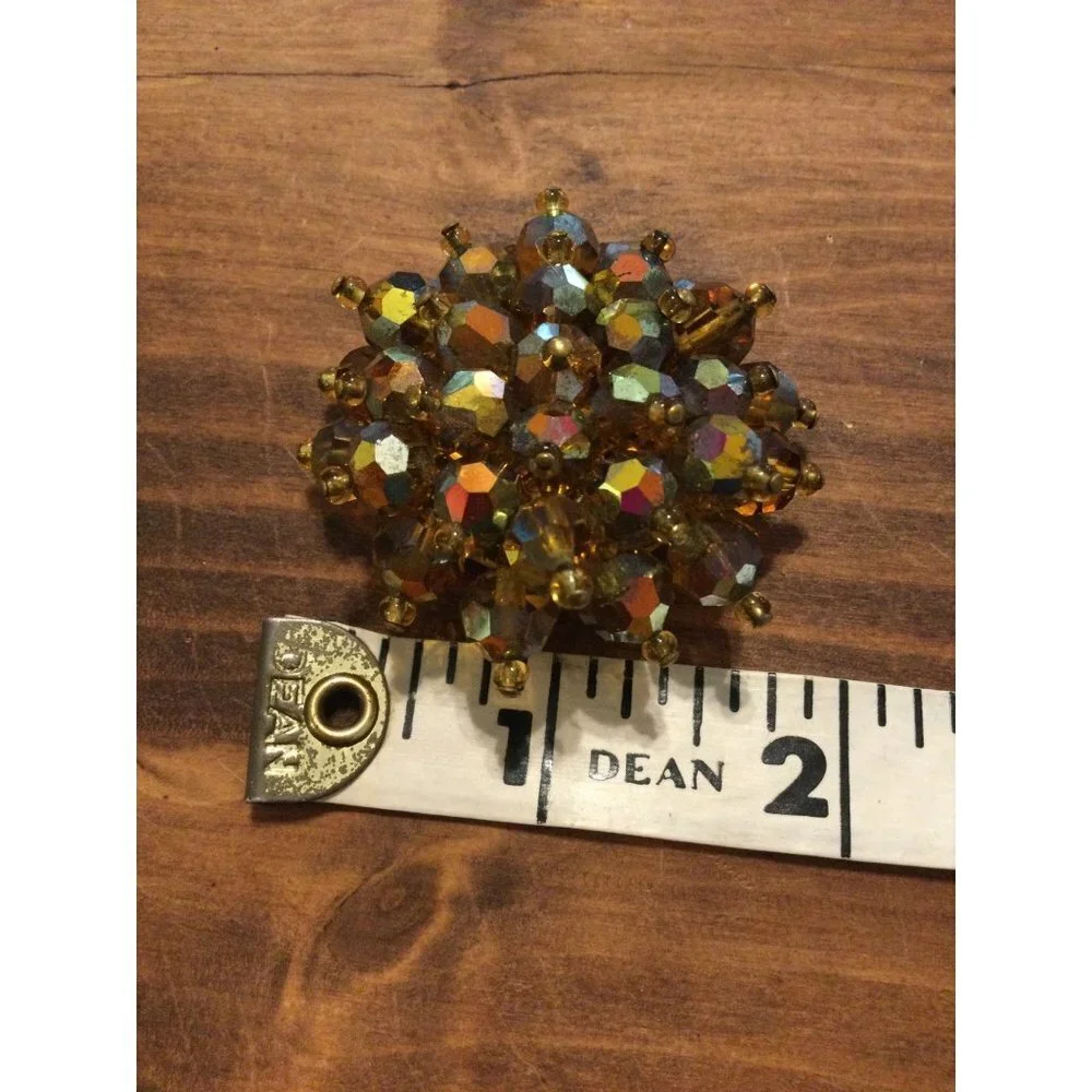 Vintage Mid Century Iridescent Copper Crystal Bead Cluster Brooch Old Money